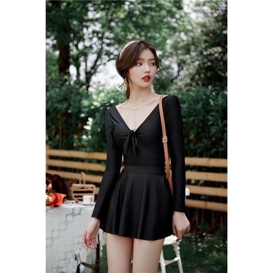 [BIKINI MỚI 2021] Đồ bơi nữ Bikini đi biển Tay dài cột nơ ngực màu đen siêu xinh (bán có lẻ váy xoè)