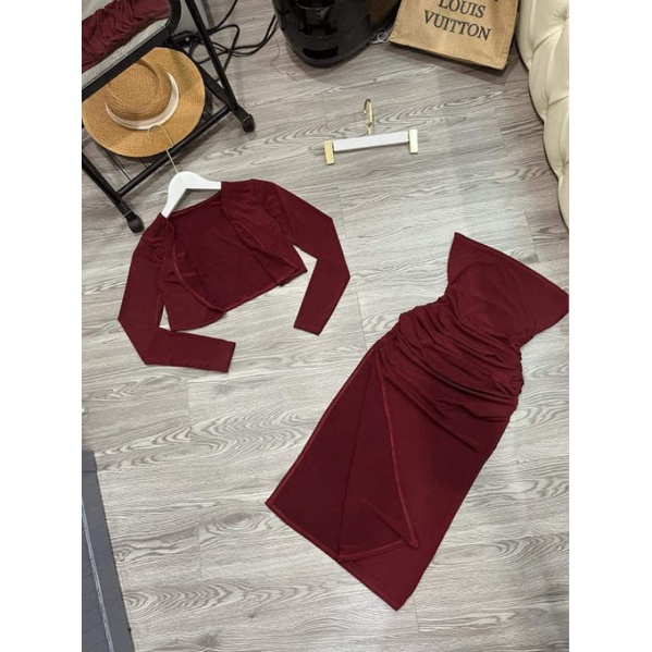 Set 2 Món Đầm Body Kèm Áo Khoác Nhún Eo, Thiết Kế Tôn Dáng Sang Chảnh alohashop91