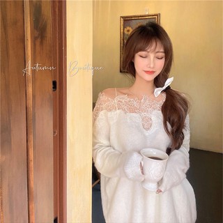 (Sẵn) Áo trễ vai tiểu thư mùa thu bông viền ren hoa hàng Quảng Châu