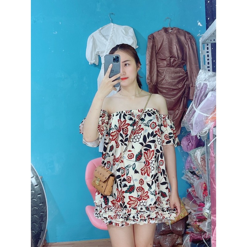 Đầm suông hoa béo trệt vai ( hình thật) | BigBuy360 - bigbuy360.vn