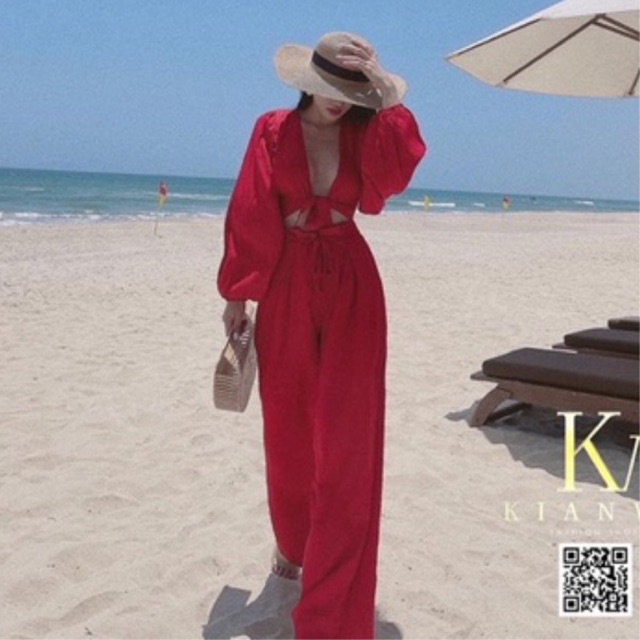 SET ĐI BIỂN ÁO CROPTOP CỘT NƠ + QUẦN SUÔNG DÀI