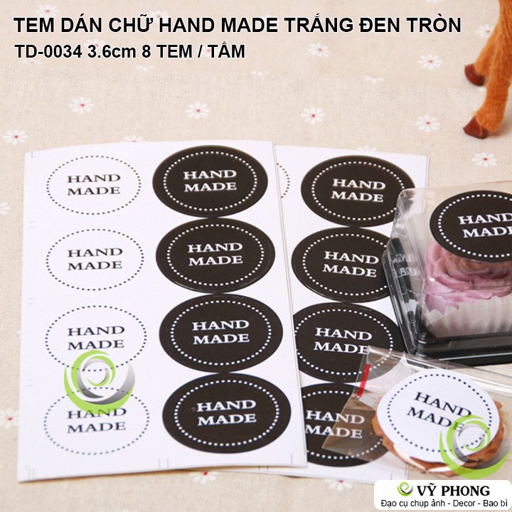 TEM DÁN STICKER CHỮ HAND MADE TRẮNG ĐEN NHÃN DÁN NIÊM PHONG TRANG TRÍ HỘP QUÀ BAO BÌ BÁNH KẸO TD-0034