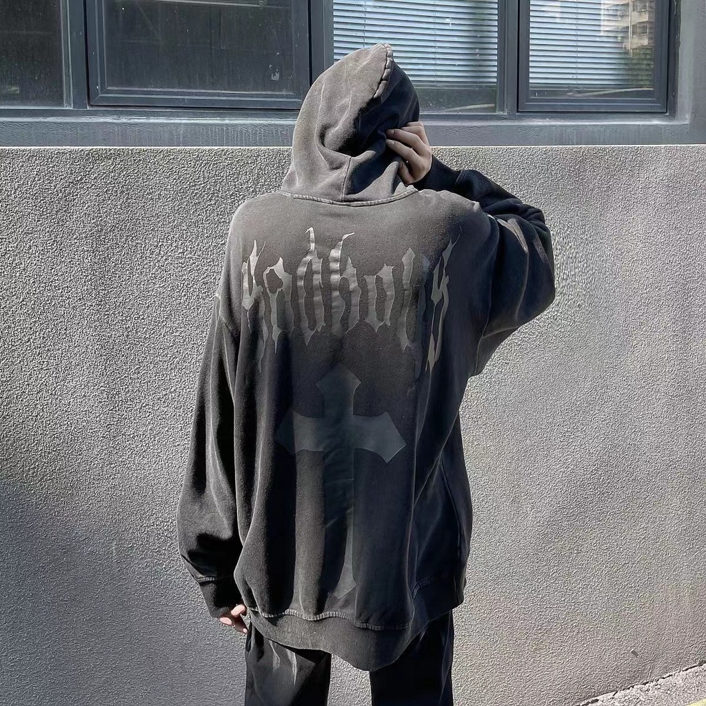 Mrn Gần Như Distress Áo Khoác Có Mũ Trùm In Hình gothic Đường Phố Thời Trang Mùa Thu retro Mỹ
