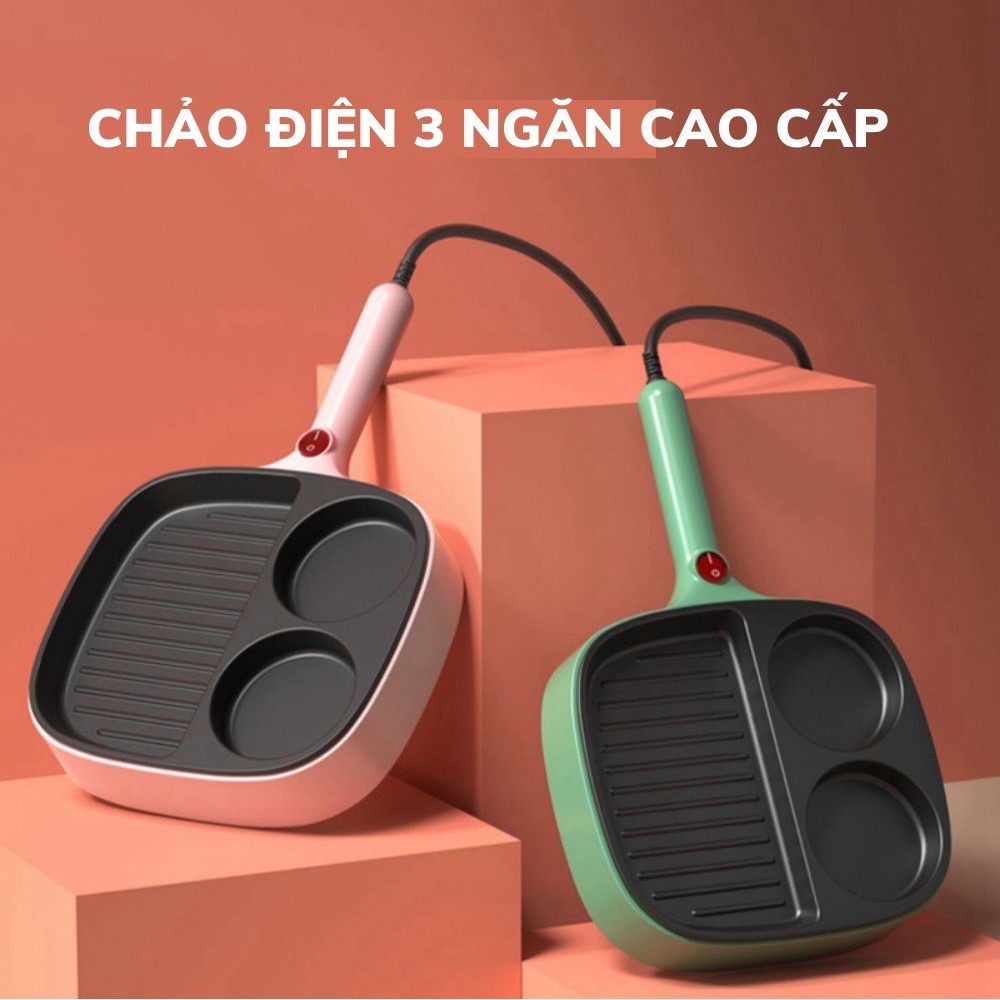 Chảo Điện 3 Ngăn Chống Dính Cao Cấp, Chiên Xào Nướng Đa Năng