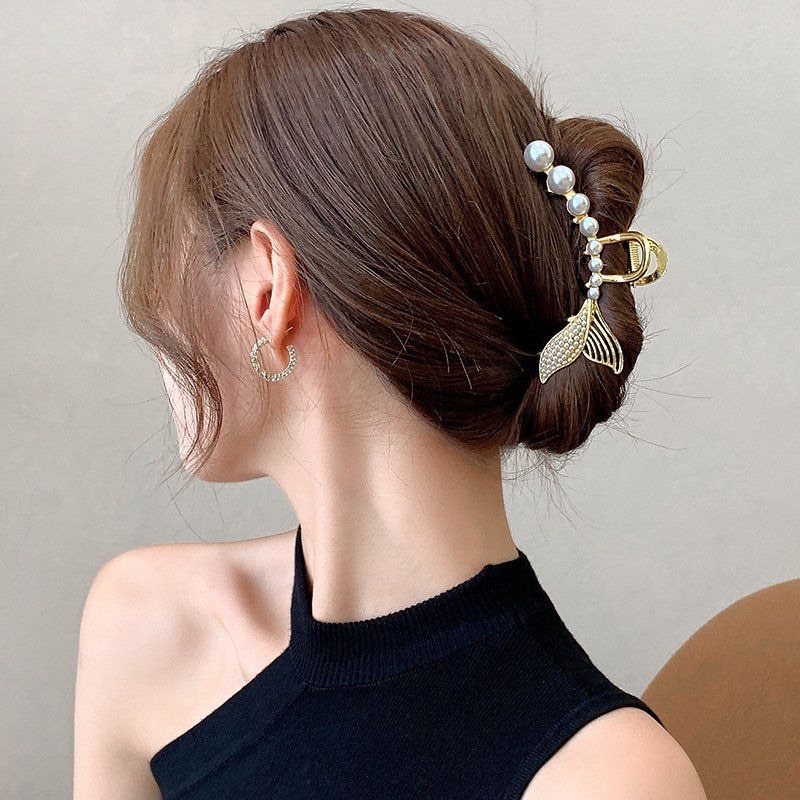 Kẹp tóc đuôi cá bằng kim loại Hàn Quốc cho nữ, kẹp tóc sau đầu đính đá đính ngọc