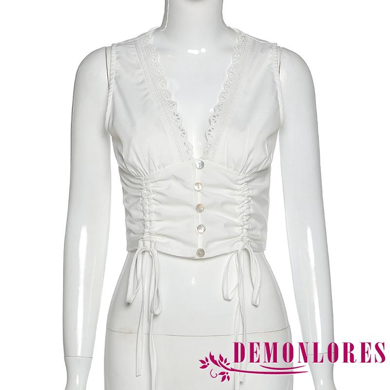 Áo crop top sát nách cổ V viền ren thiết kế dây rút thời trang cho nữ