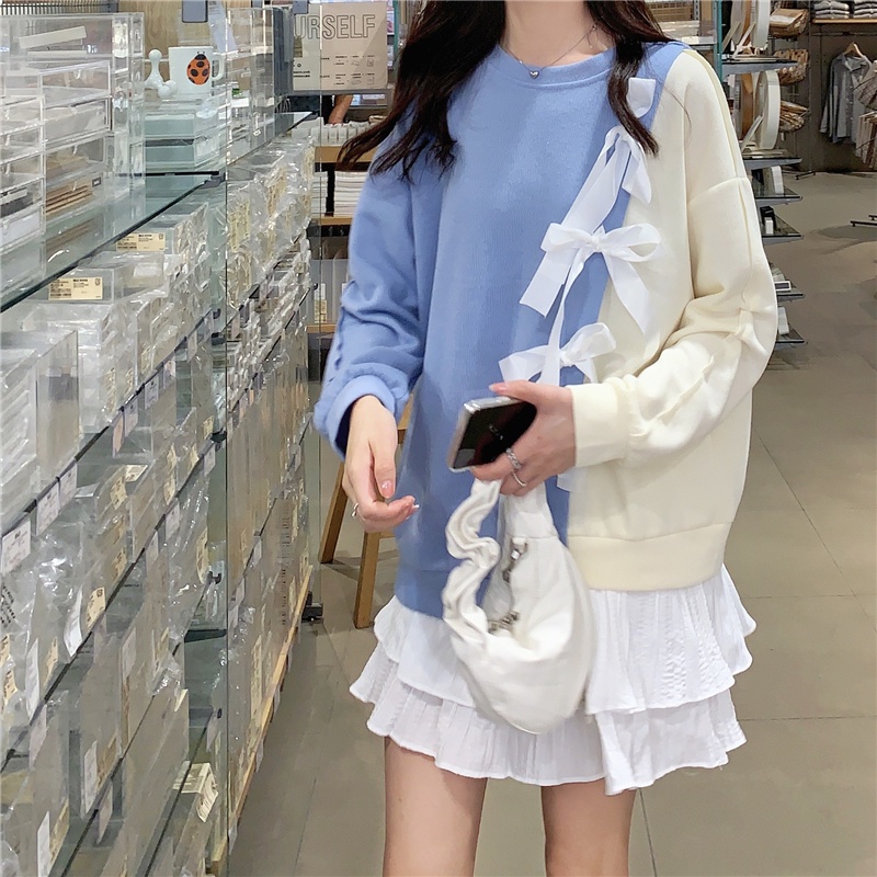Áo sweater PEWARN tay dài dáng rộng phối nơ ngọt ngào phong cách Hàn Quốc thời trang cho nữ