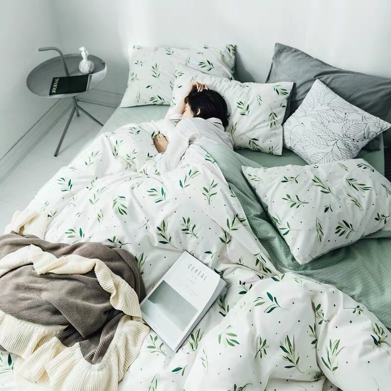 Set Cotton Living 100% Hàng Nhập Khẩu Cao Cấp 4 Món Lá Me Trắng