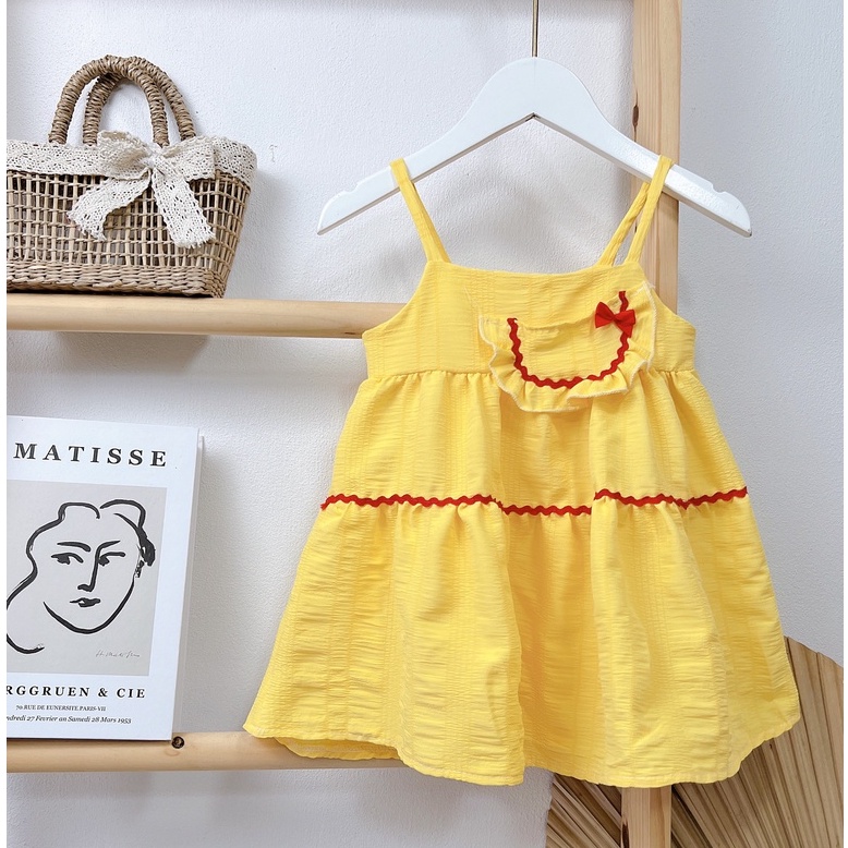 Váy đầm 2 dây đính nơ ngực dáng xoè 3 tầng cho bé gái công chúa 8-20kg
