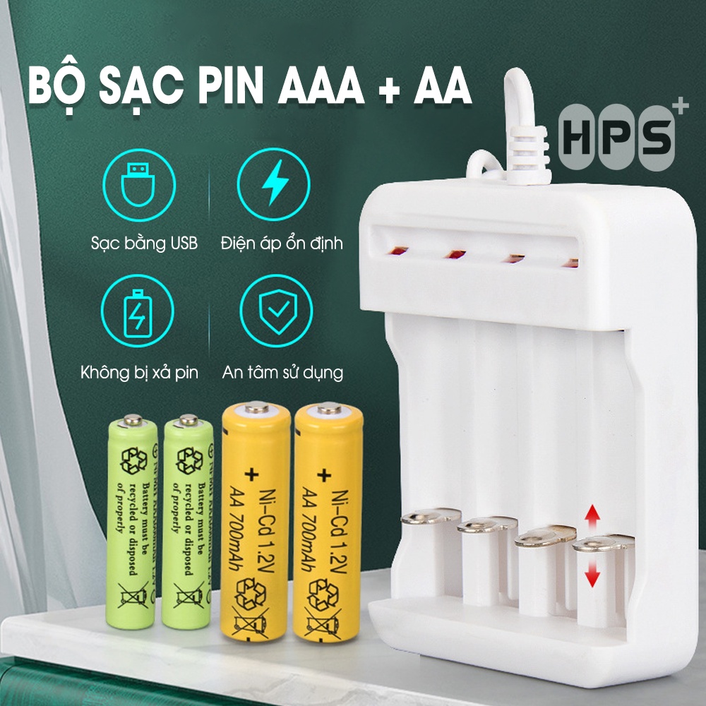 Bộ pin sạc AAA, AA và 1 đế sạc vĩnh cửu, 4 cổng an toàn tiết kiệm bảo vệ môi trường