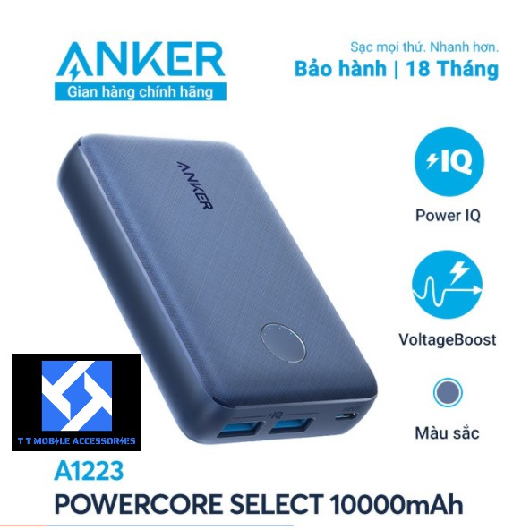 Pin sạc dự phòng ANKER PowerCore Select 10000mAh, A1223,màu Xanh dương, Anker VIETNAM, mới 100%, B/Hành 18 tháng 1 đổi 1