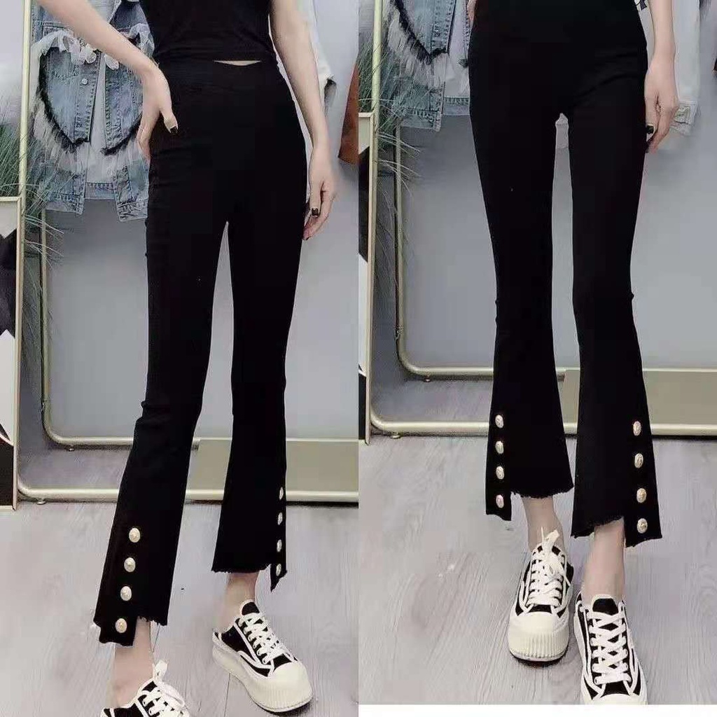 Quần lưng co giãn dáng ôm phối bốn nút gài kiểu xẻ tà không đồng đều thời trang mùa thu phong cách Hàn Quốc