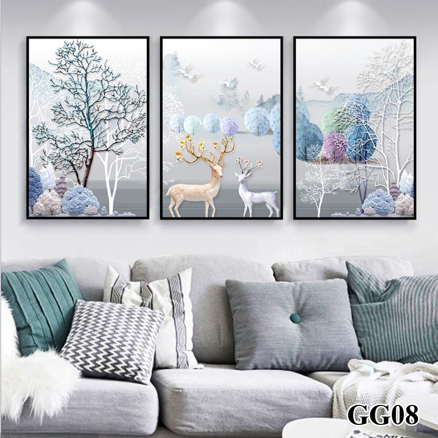 Tranh treo tường canvas khung gỗ 3 bức phong cách hiện đại Bắc Âu tranh phong cảnh trang trí phòng khách phòng ngủ 90