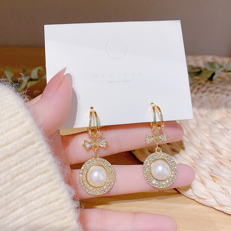 Khuyên Tai Nơ Đính Đá Kim Cương Giả Cao Cấp Sang Trọng Phong Cách Pháp