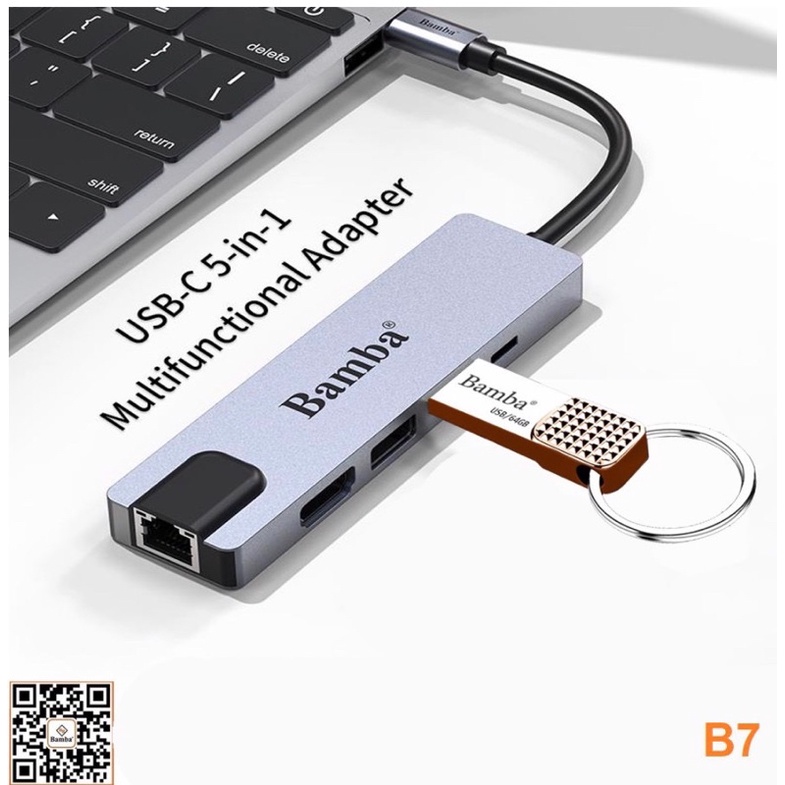 (Hàng chính hãng) HUB CHUYỂN ĐỔI USB-C - 2 USB 3.0+ 1 USB C+ 1 HDMI+ 1 RJ45 (1000) BAMBA B7 (5.1) | BigBuy360 - bigbuy360.vn