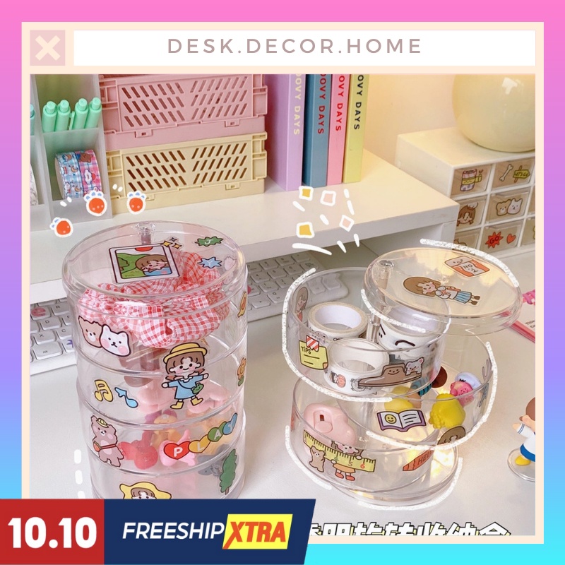 Tủ đựng phụ kiện mini xoay tròn trong suốt nhiều tầng, đựng washi tape, bông tai, trang sức để bàn