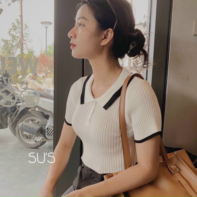 Áo len croptop cổ bẻ viền QC