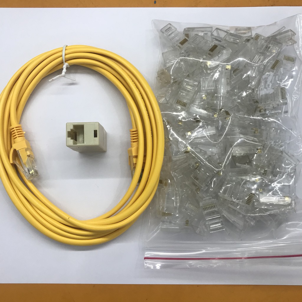 Combo bộ SP gồm: 01 dây mạng bấm sẵn 2 đầu 3m + 01 đầu nối dây mạng j45 1-1 + 100 hạt mạng j45
