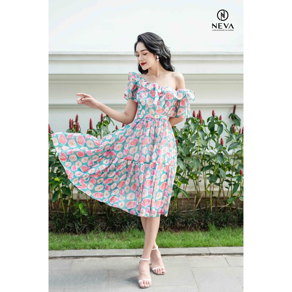 Đầm midi NEVA lệch vai in hoa poppy hồng W430296