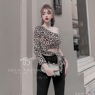 Áo croptop tay dài phối da beo