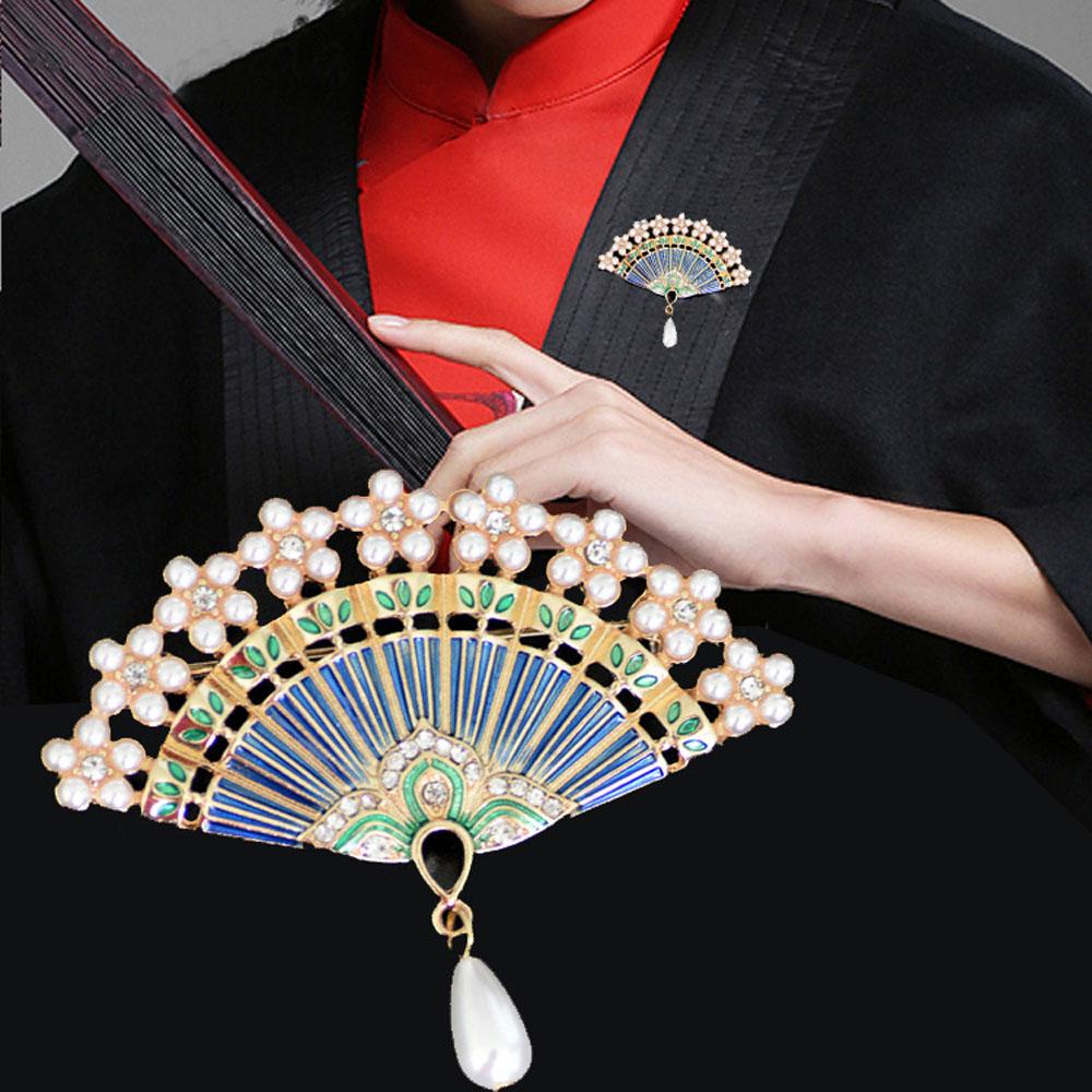 Trâm Cài Áo Hình Quạt Tráng Men Phong Cách Trung Hoa