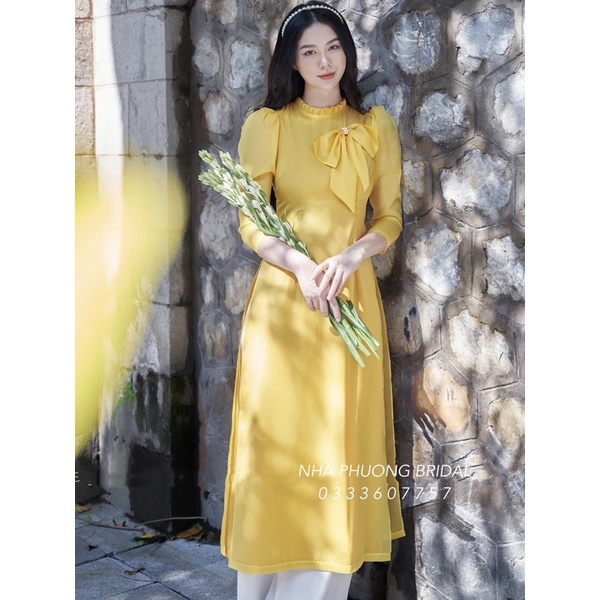 ÁO DÀI CÁCH TÂN 4 TÀ CỔ XẾP LI TAY PHỒNG/ Áo dài voan tơ may sẵn Nhã Phương Bridal