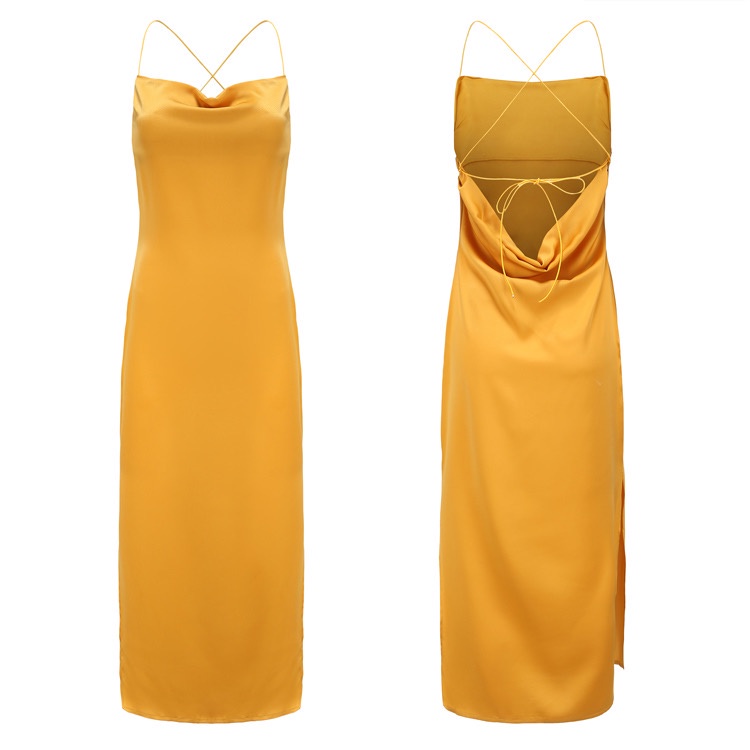 Đầm lụa satin maxi 2 dây hở lưng đi biển màu vàng gợi cảm