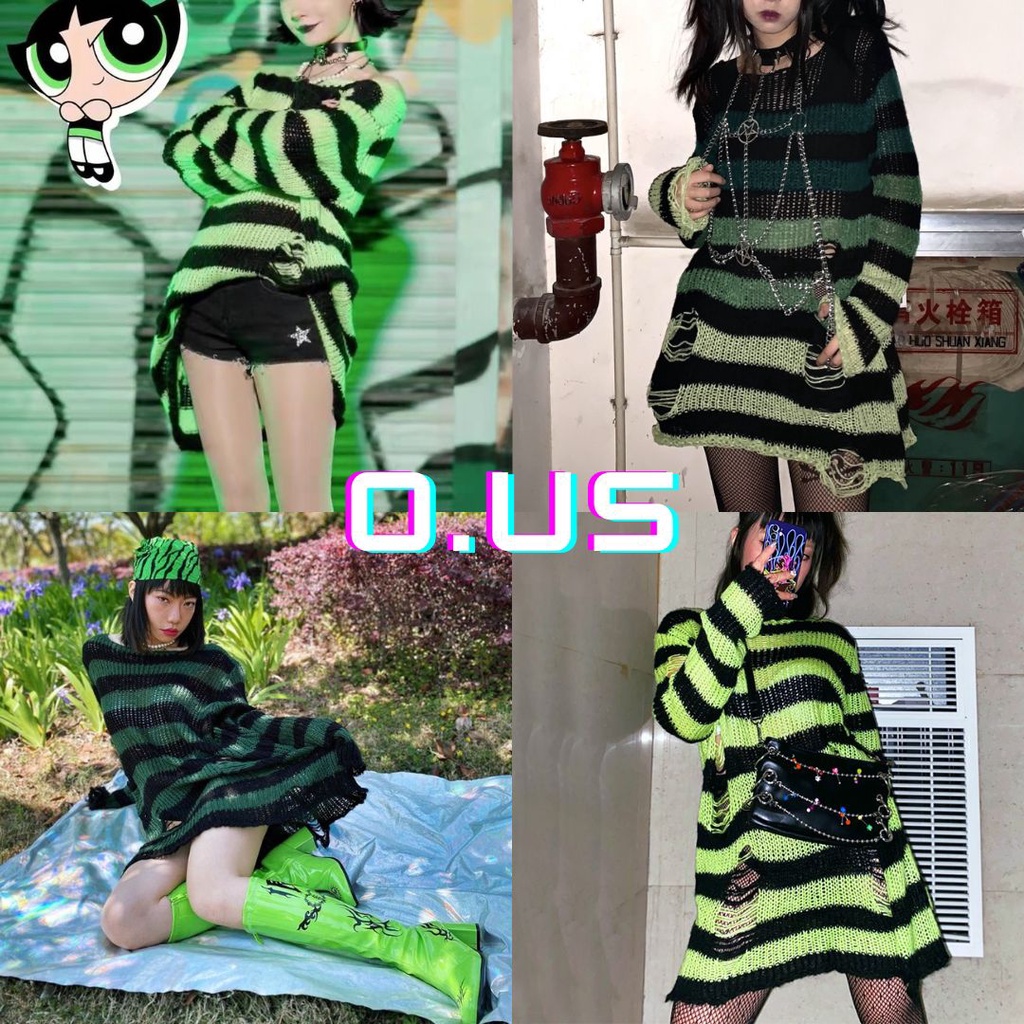 Áo len dài váy kẻ ngang rách gấu tạo layer cá tính phong cách Châu Âu Lady Ghost