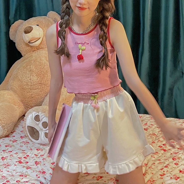 Jiashucheng Áo Hai Dây Màu Hồng Cherry Ngọt Ngào Thời Trang Mùa Hè