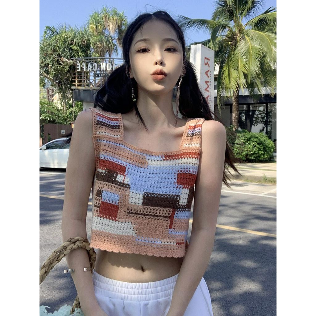 Áo Dệt Kim Sát Nách Dáng Ngắn Màu Sắc Tương Phản Thời Trang Mùa Hè 62159