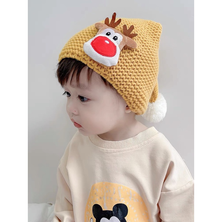 Mũ nón len chóp nhọn đính bông chủ đề noel cho bé 3-8y mimo baby ML38