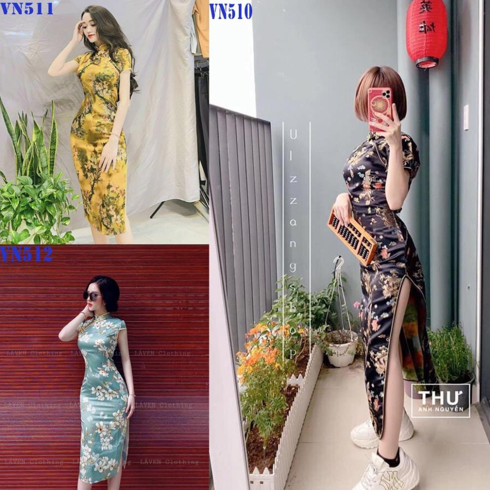 T78 Sườn Xám cổ tàu áo dài Cách Tân Họa Tiết Hoa Phong Cách Trung Hoa Tết du Xuân