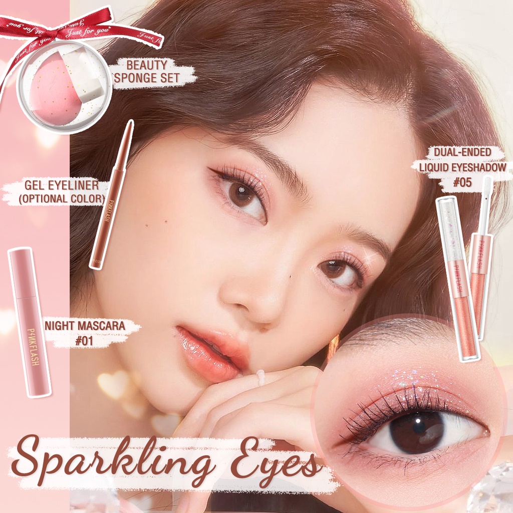 Bộ 4 mỹ phẩm trang điểm dịp PINKFLASH gồm phấn mắt dạng lỏng bút kẻ mắt dạng gel mascara mút trang điểm