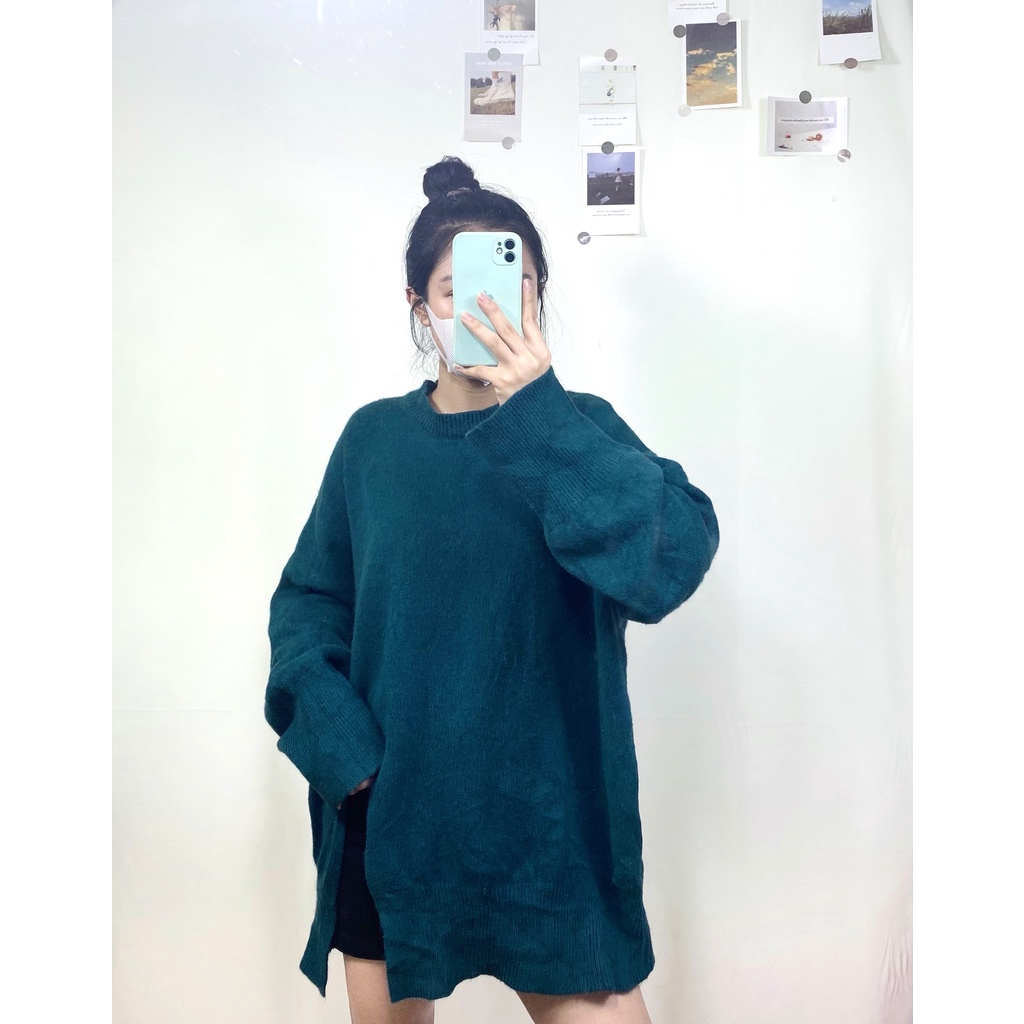 (2hand) AL23 Áo len màu xanh cổ vịt tôn da dáng basic