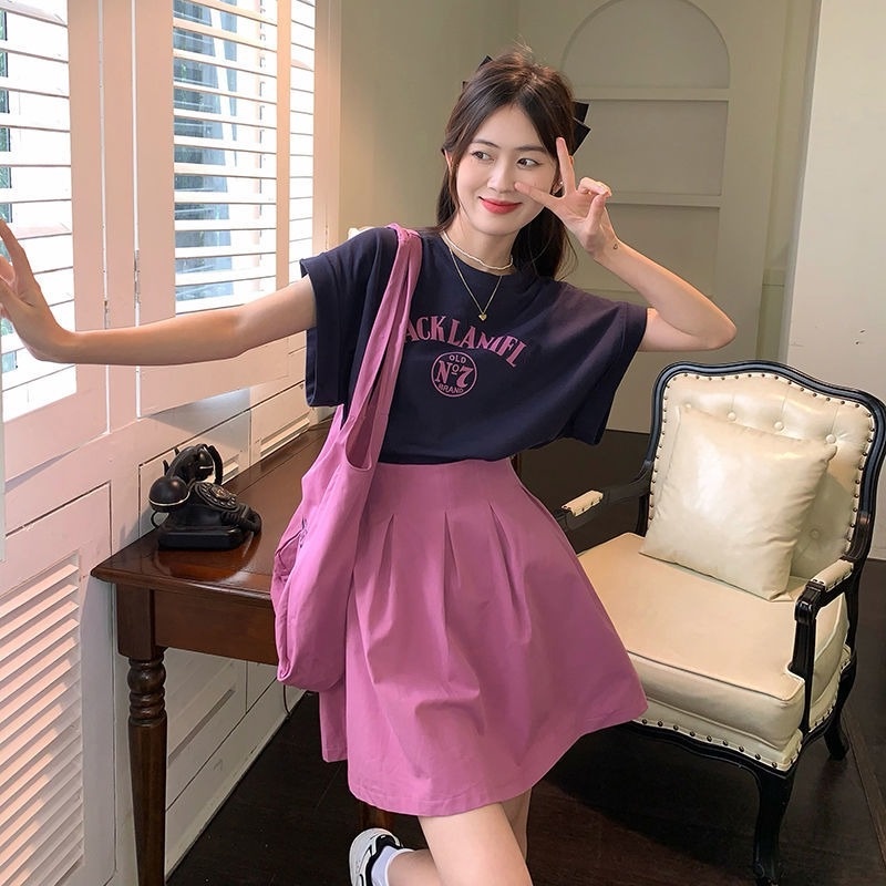 Set Áo Thun In Chữ + Chân Váy Và Túi Xách Thời Trang Mùa Hè Cho Nữ
