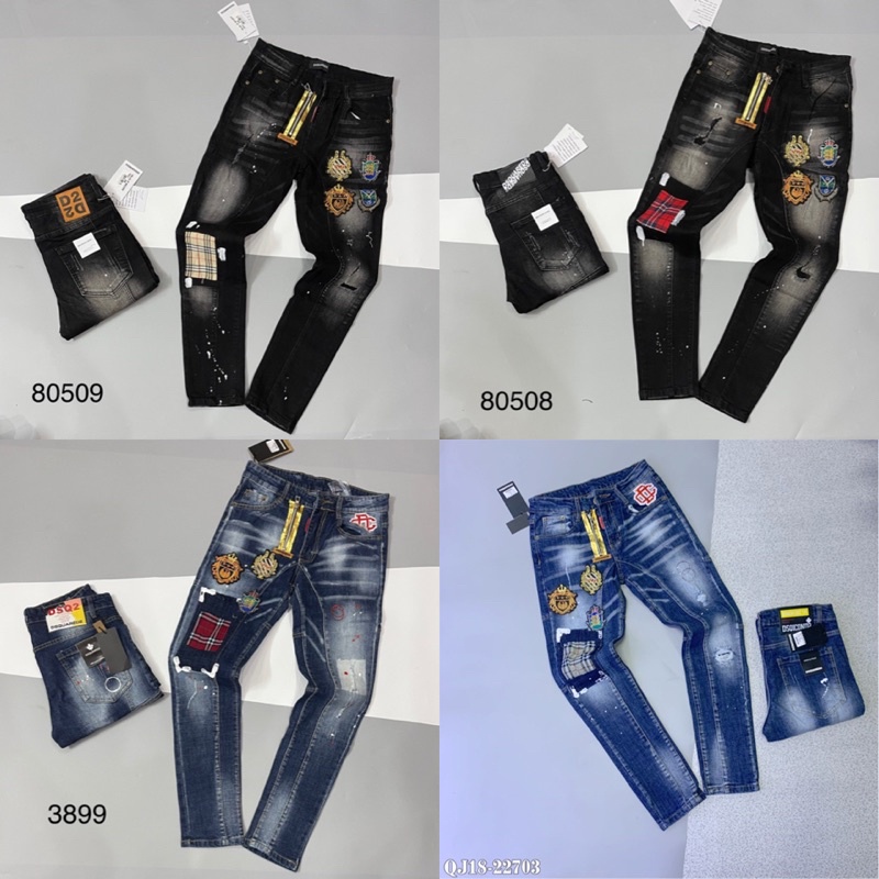 Quần Jean nam vá kẻ vàng đỏ ở gối, sticker máy ở đùi QJ42, QJ17 QJ18