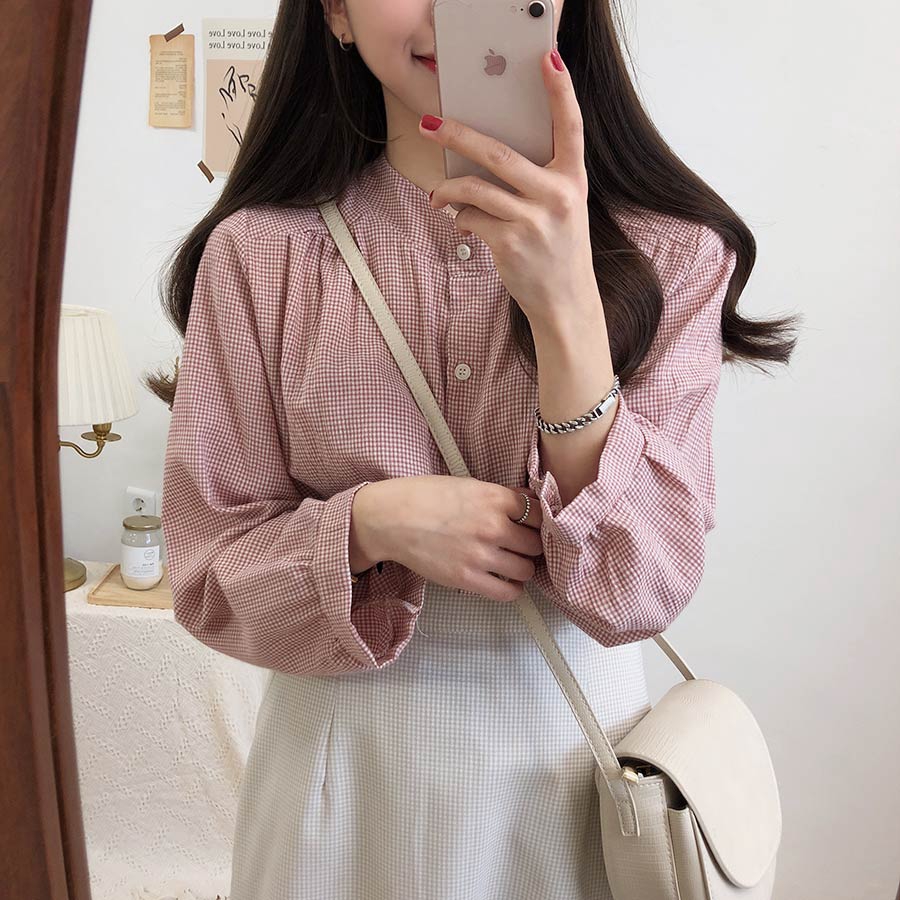 Áo sơ mi cổ cao tay dài phong cách thanh lịch cho nữ 27362