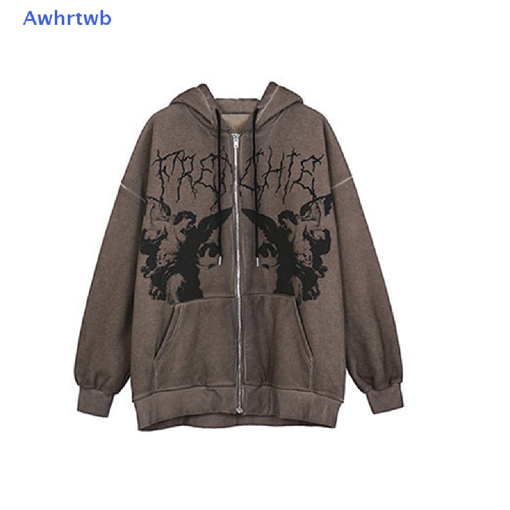 Awhrtwb Áo Hoodie Ngoại Cỡ In Hình Thiên Thần Có Khóa Kéo Phong Cách Gothic Đường Phố Mới