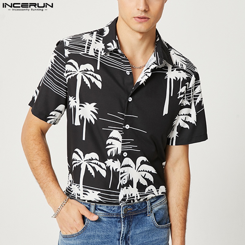 INCERUN Áo Sơ Mi Tay Ngắn Cổ Bẻ In Họa Tiết Độc Đáo Thời Trang Trẻ Trung Cho Nam
