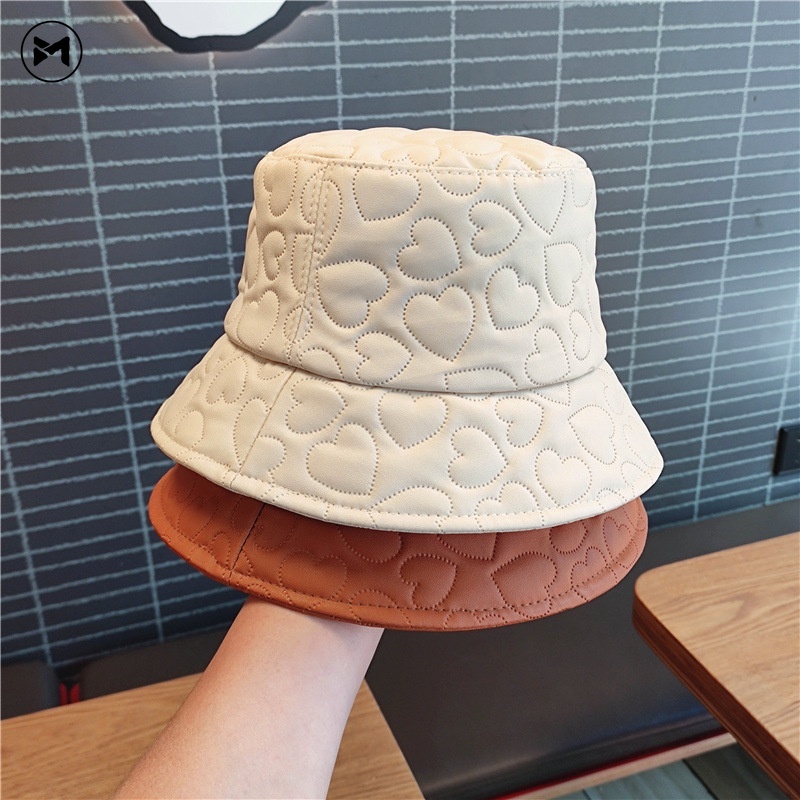 Mũ Bucket Chất Liệu Da PU Cao Cấp Họa Tiết Dập Nổi Hình Trái Tim Phong Cách Hàn Quốc Cho Nữ