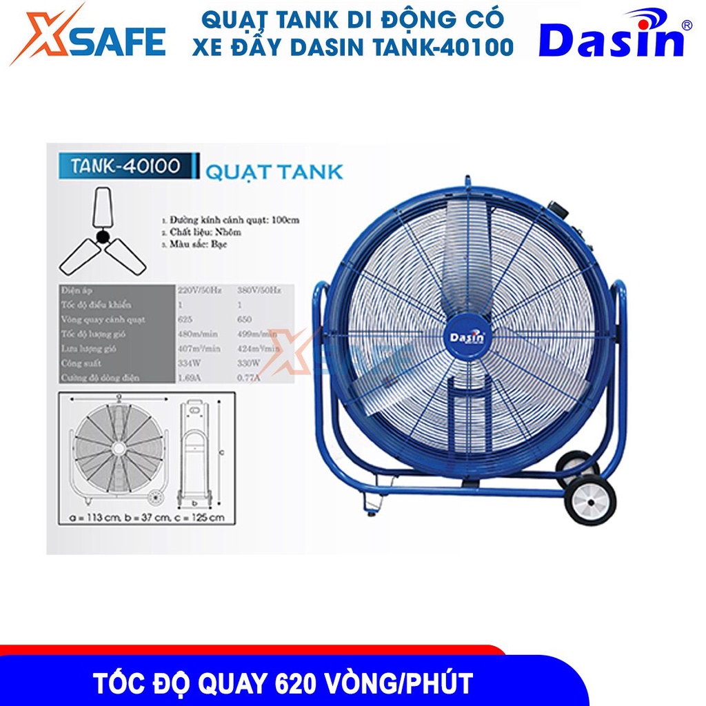 Quạt di động có bánh xe Dasin TANK40100 22W lưu lượng gió 2.424 m3/giờ, vòng quay 620 vòng/phút[CHÍNH HÃNG][XSAFE]