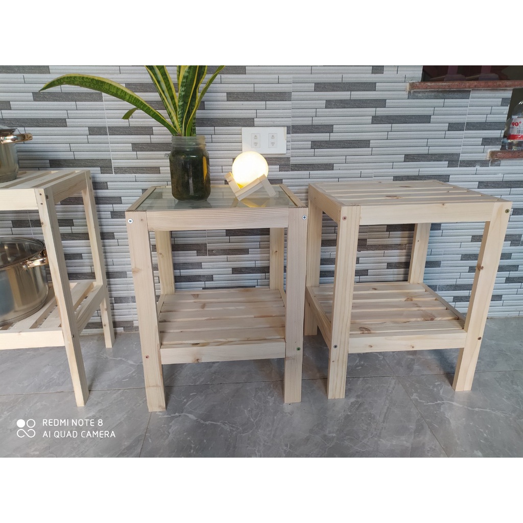 kệ Tab Đầu Giường 2 Tầng Đa Năng mặt gỗ, Mặt Kính Gỗ Thông Tự Nhiên Hàng Lắp Ráp