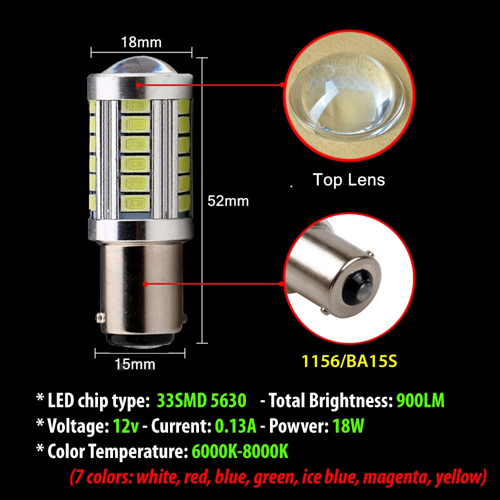 01 bóng đèn phanh, đèn lùi, xi nhan 01 tim và 02 tim - LED 18W thấu kính, chuẩn 1156 33SMD 5630 trắng vàng đỏ