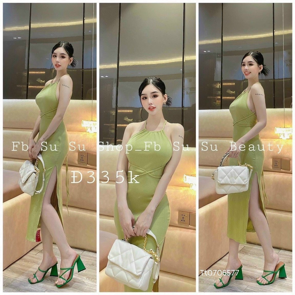[8.8 Sales Freeship] Váy đầm nữ ôm body xẻ tà dáng dài, đầm thun cổ yếm hở lưng đan dây chéo sexy, tôn dáng