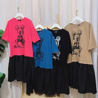 Đầm thun suông phối chân bèo hình chuột mickey quảng châu, chất thun mát mịn