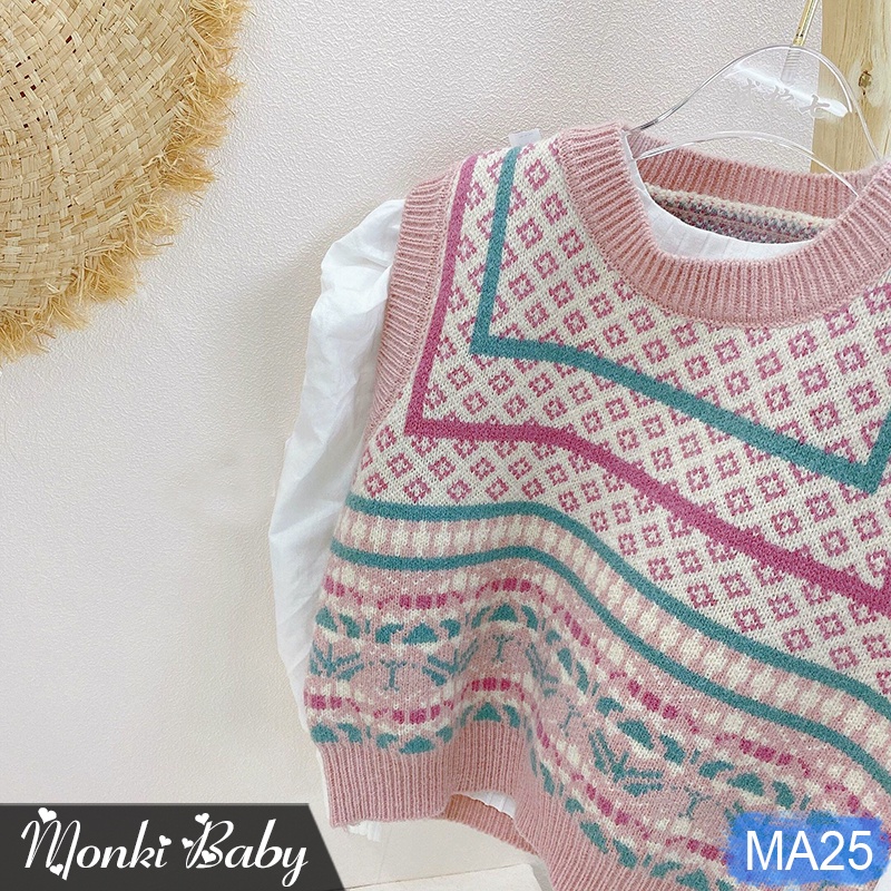 Áo gile len bé gái, có size lớn đến 26kg, họa tiết vintage dễ mặc và phối đồ, chất len dày dặn đanh mịn đẹp | MA25