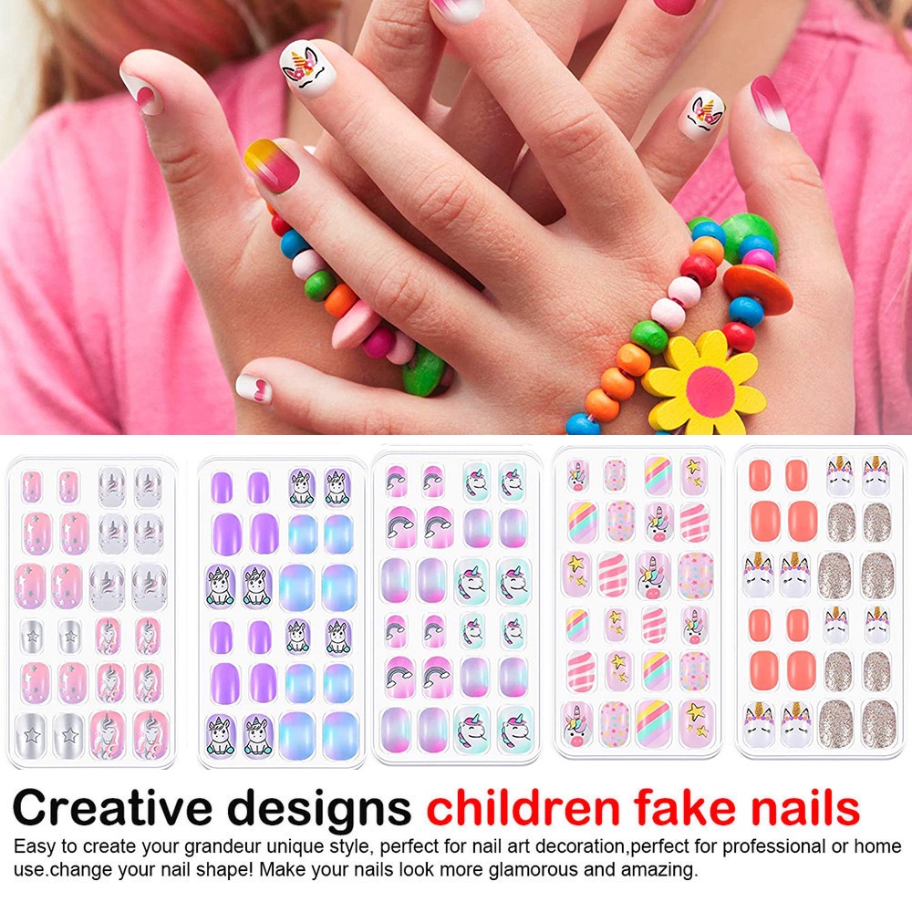 [Hàng mới về] Set 24 móng tay giả bằng acrylic hình kỳ lân thiết kế thời trang cho bé