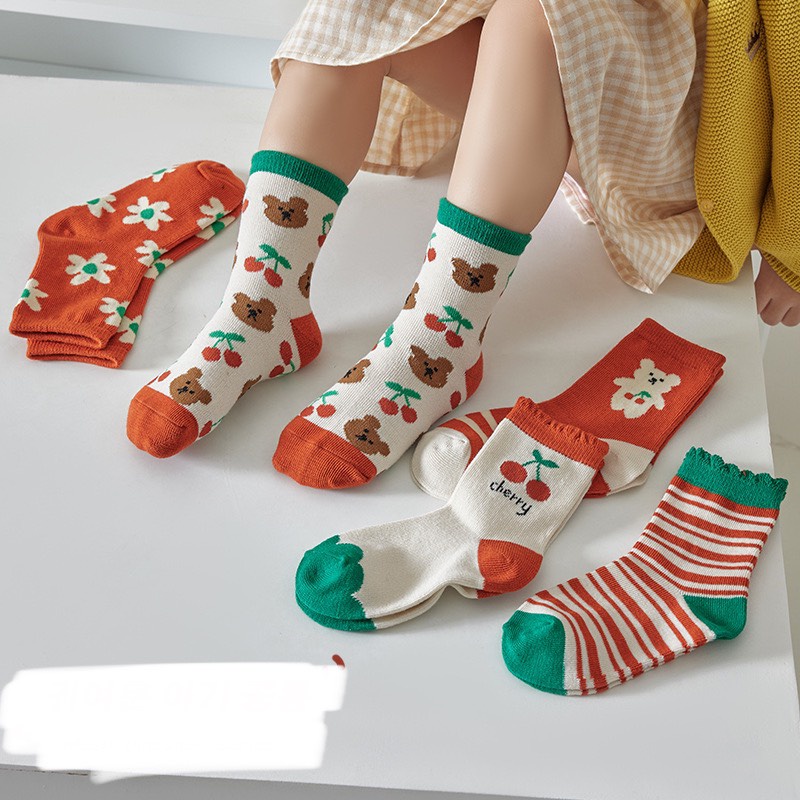 Set tất hình quả Cherry Tất cho bé gái bé trai Set tất vớ cao cổ trẻ em hàn quốc dày dặn giữ ấm chân mùa đông