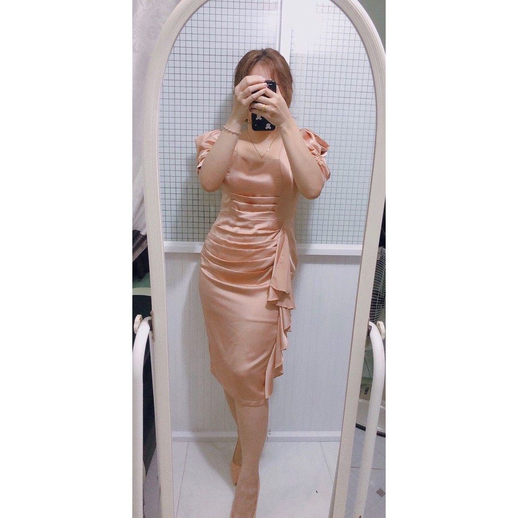 XƯỞNG SỈ Đầm dự tiệc lụa Hàn vạt bèo V1211 thiết kế Mydu Fashion kèm ảnh thật tự chụp