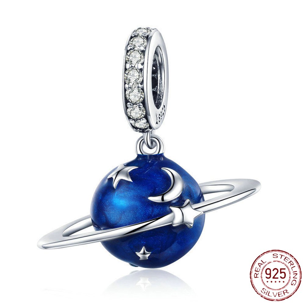 Hạt Thủy Tinh Phẳng Mạ Bạc 925 Hình Mặt Trăng Màu Xanh Dương Dùng Làm Trang Sức Pandora
